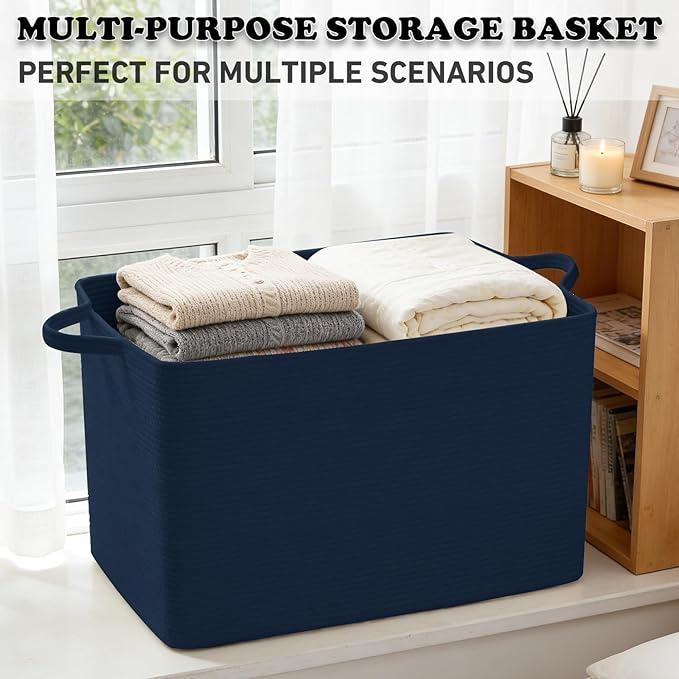 96L Large Blanket Basket,24"x16"x15"Rectangle Storage Bin with Handles,Woven Rope Laundry Basket for Toys, Clothes,Magazines,