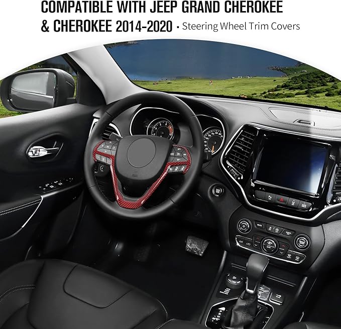 JeCar Steering Wheel Trim Cover Interior Decoration Trim Kit for 2014-2020 Jeep Grand Cherokee & Jeep Cherokee, Red Carbon Fiber