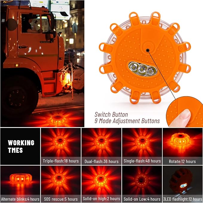 GP906 LED Road Flares Safety Flashing Warning Lights Kit, Magnetic Base & Hook 9 Flash Modes, for Emergency Roadside Safety W