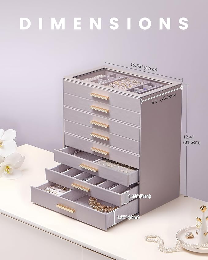 Lolalet Jewelry Box Organizer, 8-Layer Jewelry Organizers and Storage Case with Glass Lid, Ring Earring Bracelet Necklace Hol