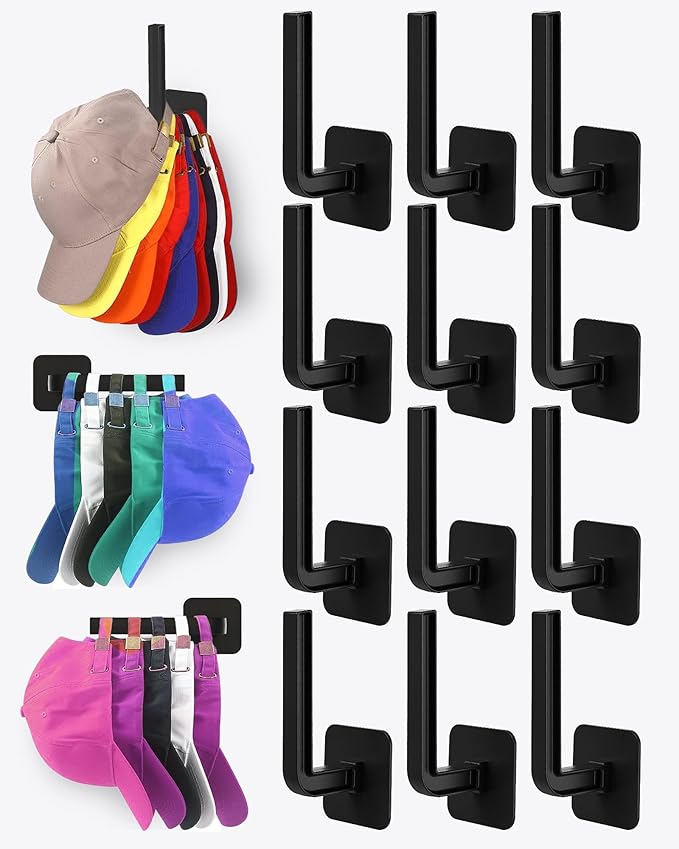 Hat Rack for Hat Storage (12-Pack), Multi-Purpose Hat Organizer, Strong Adhesive Hat Hooks for Wall Hat Organizer for Basebal