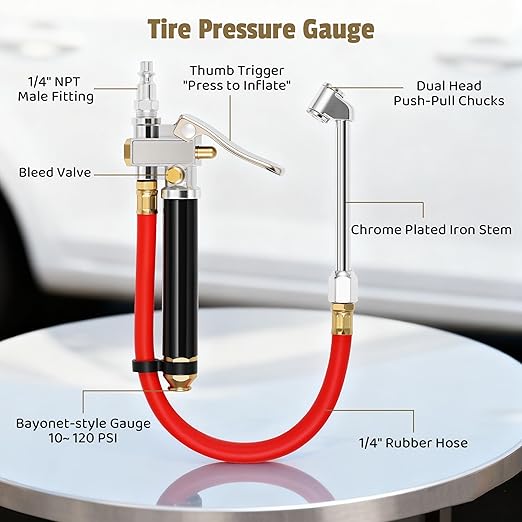 Heavy Duty Tire Pressure Gauge Inflator for Trucks & RVs (10-120 PSI) - Dual Head Air Chuck with 4-Way Tool, Rubber Hose & Valve Cores, 1/4" NPT Inlet