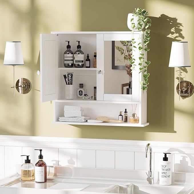 VINGLI Medicine Cabinet with Mirror, Wall Mounted Bathroom Cabinet with Open Shelf, 2-Door White Storage Organizer Over Toile