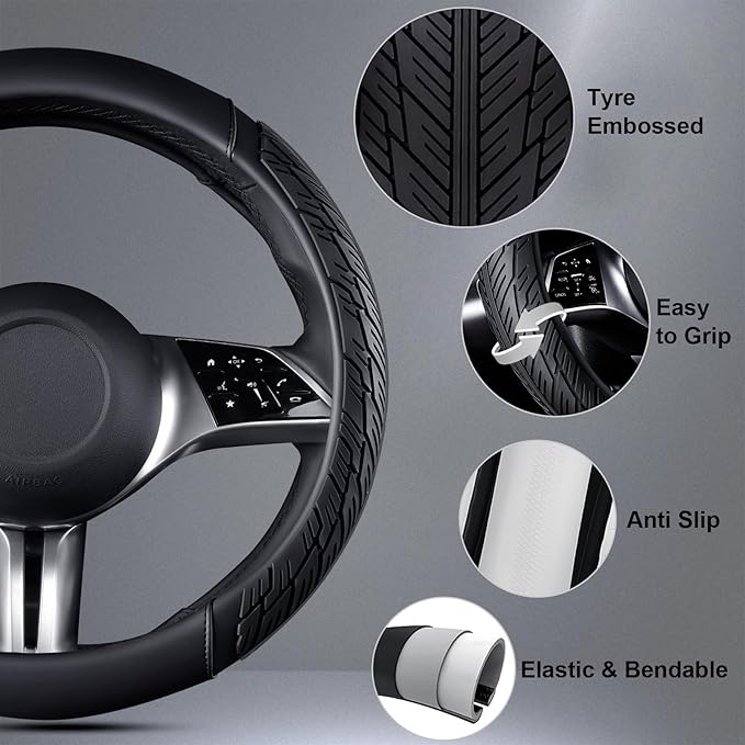 CAR PASS Leather Rubber Steering Wheel Cover 14 1/2” -15”,Tire Tread Pattern Design,Non-Slip Wear-Resistant, Heavy Duty Deep-Dish Car Floor Mats, Trim-to-Fit Car Mat,Fit for Steering Wheel Black
