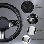 CAR PASS Leather Rubber Steering Wheel Cover 14 1/2” -15”,Tire Tread Pattern Design,Non-Slip Wear-Resistant, Heavy Duty Deep-Dish Car Floor Mats, Trim-to-Fit Car Mat,Fit for Steering Wheel Black