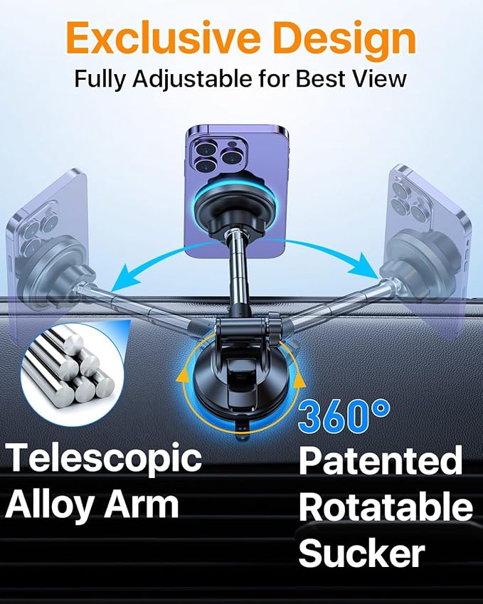 YRU Upgraded Magnetic Phone Holder Car【Patented & Super Magnet】 for MagSafe Mount Dashboard Windshield Vent Magnet Phone Cradle Stand for iPhone 17 16 15 14 13 12 Pro Max Samsung Truck, Black
