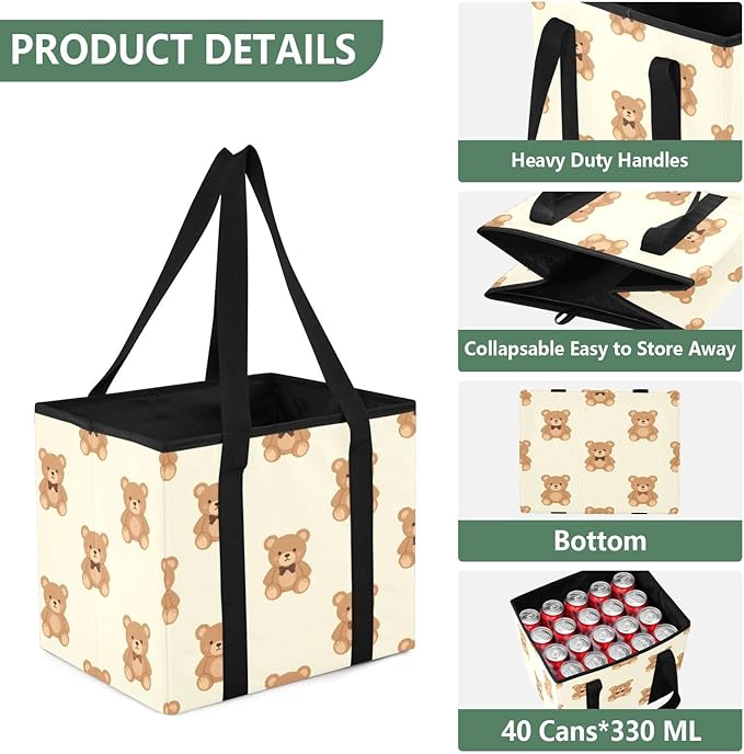 Cute Teddy Bear Reusable Grocery Bags Large Shopping Tote Bag with Reinforced Bottom Board, Water Resistant Foldable Storage 