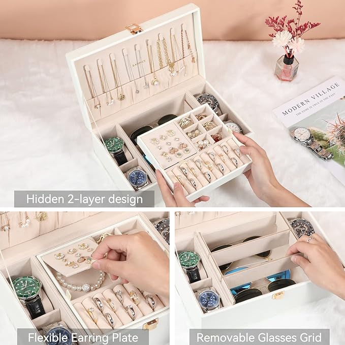 LANDICI Jewelry Box Organizer for Men Women, 2 Layer 4 Slot Watch Storage Case with Removable Tray, PU Leather Large Jeweller