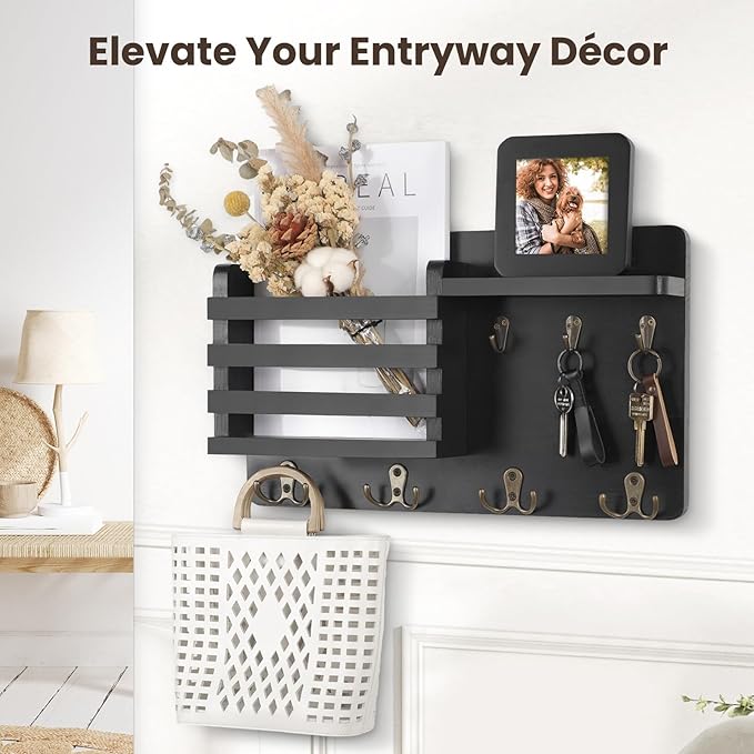 Nekon Mail Holder for Wall Mail Organizer with Key Hooks Hallway Farmhouse Decor Storage Racks with Floating Shelf and Flush 