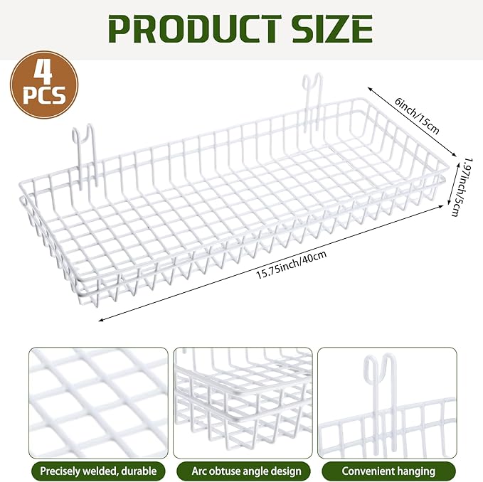Blulu 4 Pcs 15.75 x 5.91 x 1.97 Inch Metal Grid Wall Baskets with Hooks Grid Wall Shelves Hanging Wire Basket Multi Function 