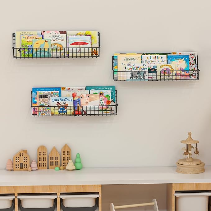 X-cosrack 24 Inch Wall Mounted Kids Bookshelf, Floating Metal Book Shelves for Kids Nursery Toddler Classroom, Hanging Book S
