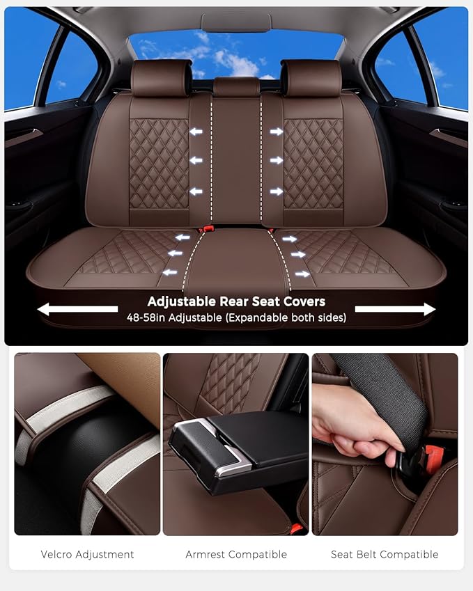 Huidasource Coffee Seat Cover, Nappa Leather Car Seat Cover, Velcro Adjustable, Compatible with Airbags, Armrests, Child Seat