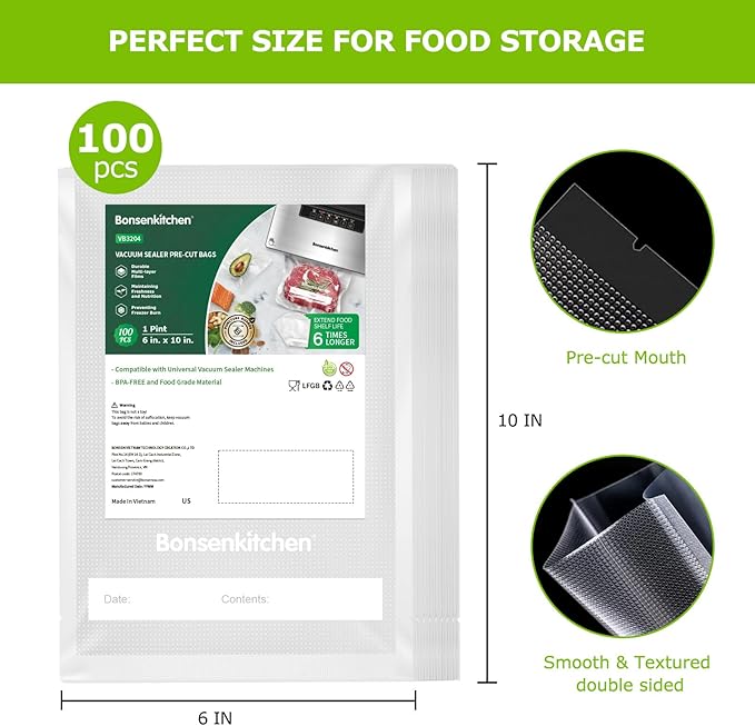 Bonsenkitchen Precut Vacuum Food Sealer Bags 100 Pint 6" x 10", BPA Free, Commercial Grade Textured Food Vacuum Sealer Bag, T