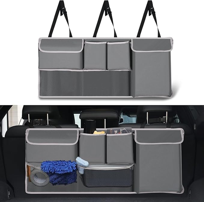 UYYE Trunk Hanging Organizer, Backseat Storage Bag, Collapsible Car Interior Accessories with 4 Pockets & 2 Mesh Pouches for