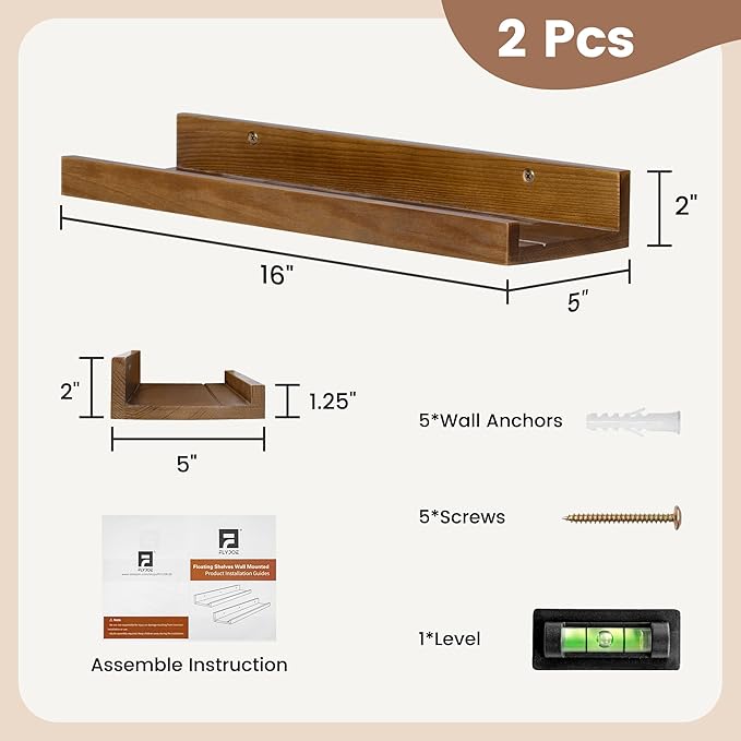 16 Inches Floating Shelves for Wall, Solid Pine Wood Picture Ledge Shelves, Walnut Wall Shelves with Lips, Nursery Book Shelv