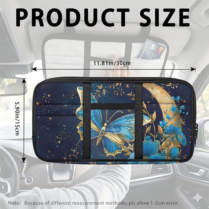 Flora Butterfly Car Sun Visor Organizer Zipper with Adjustable Straps and Multi-Pocket Pouch Storage Box with Picture Frame and Card Holder Easy Installation Universal Fit for Most Cars SUV