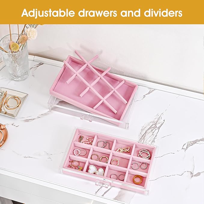 ProCase Earring Holder Organizer Jewelry Box with 3 Drawers, Acrylic Clear Earring Case with Adjustable Velvet Trays for Wome
