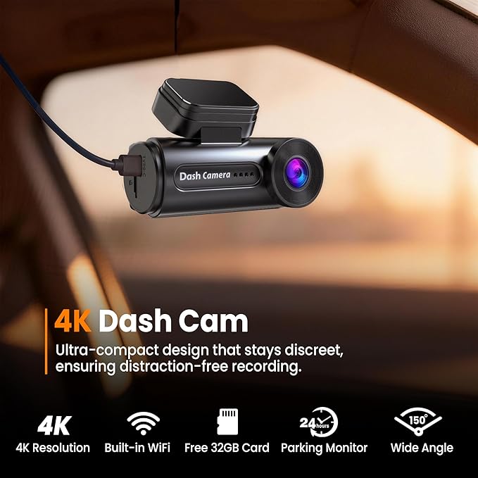 4K Dash Cam Front with Built-in WiFi, Dash Camera for Cars, 32GB Card Included, Super Night Vision Dash Camera, Loop Recordin