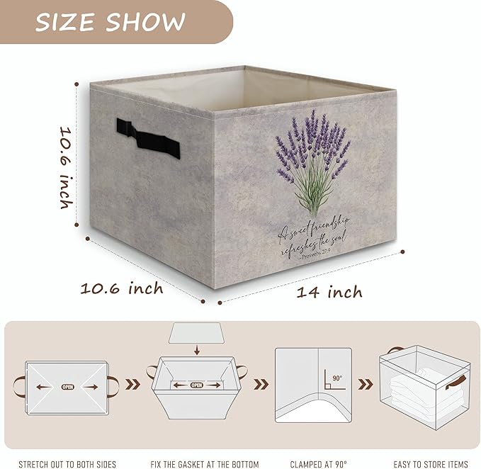 Christian Lavender Floral Decor Basket Foldable Storage Bins Box with Handles, Christian Friendship Gifts for Women, Bible Ve