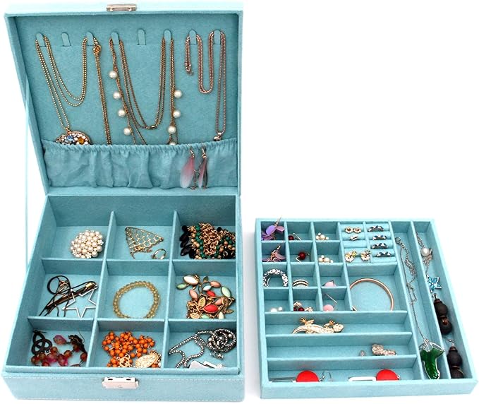 Two-Layer lint Jewelry Box Organizer Display Storage case with Lock (Blue)