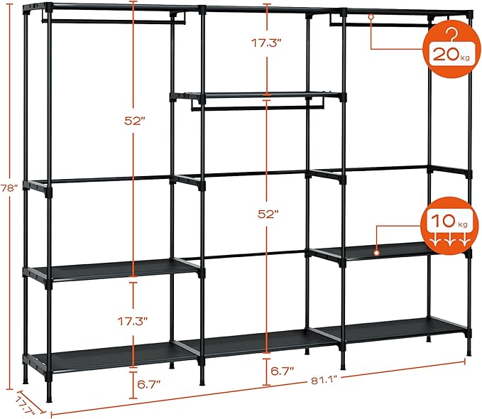 CASAMAYA Clothes Rack, Portable Closet, 81.1 Inch Large Capacity Wardrobe Closet, Clothes Storage Organizer with Shelves and 