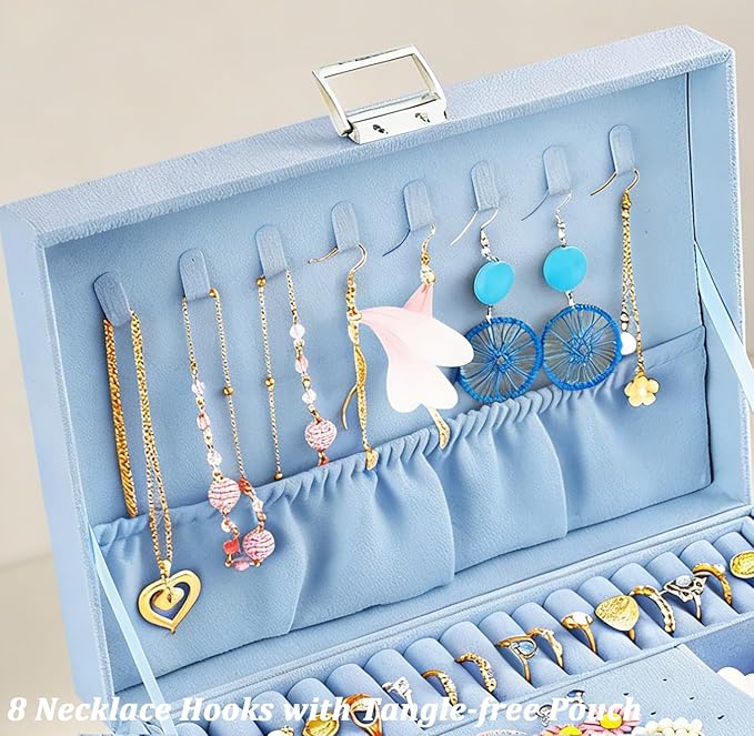 QBestry 3-Layer Jewelry Box for Girls & Teens with Lock and Key, Large Jewelry Organizer with 8 Necklace Hooks & 56 Earring H