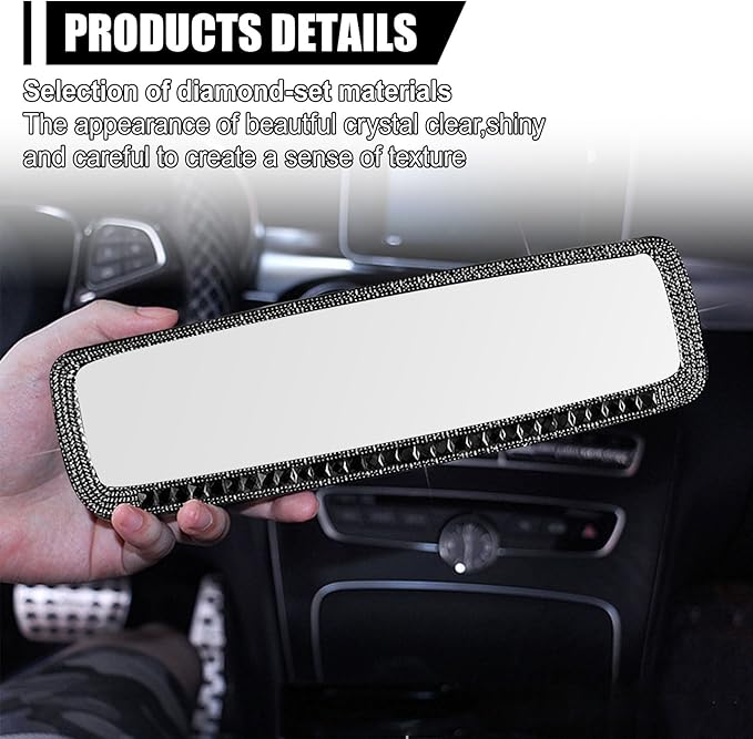 ZIMISI Bling Car Rear View Mirror, 10.51 Inch HD Glass Wide Angle Rearview Mirrors, Clip-on Crystal Diamond Panoramic Rear View Mirror Accessories, Bling Car Decorations for Women (Black)