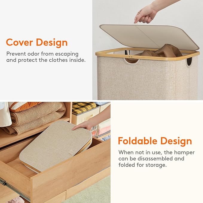 Lifewit 150L Laundry Basket with Lid, Clothes Hampers for Laundry with Bamboo Handles and 2 Removable Bag, Large Foldable Lau