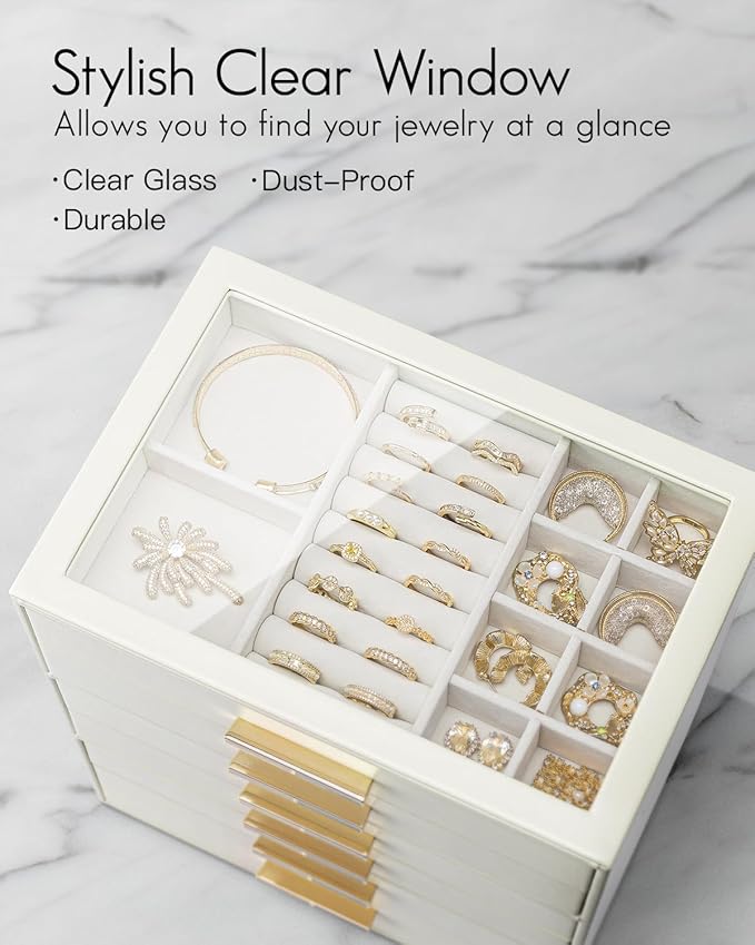 VLANDO 6 Layer Jewelry Box for Women, Glass Lid Jewelry Organizer with 6 Drawers for Necklaces Rings Earrings Bracelets - Clo