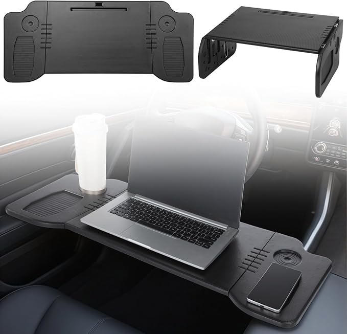 Foldable Car Laptop Desk - Steering Wheel Mounted Tray Table with Cup Holders, Compatible with Most Cars/SUVs, Ideal for Travel, Camping, Mobile Office