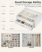 AKOZLIN Jewelry Box with Clear Lid Functional Leather Jewelry Storage Organizer Case 2 Drawers for Women Girls Necklace Ring 