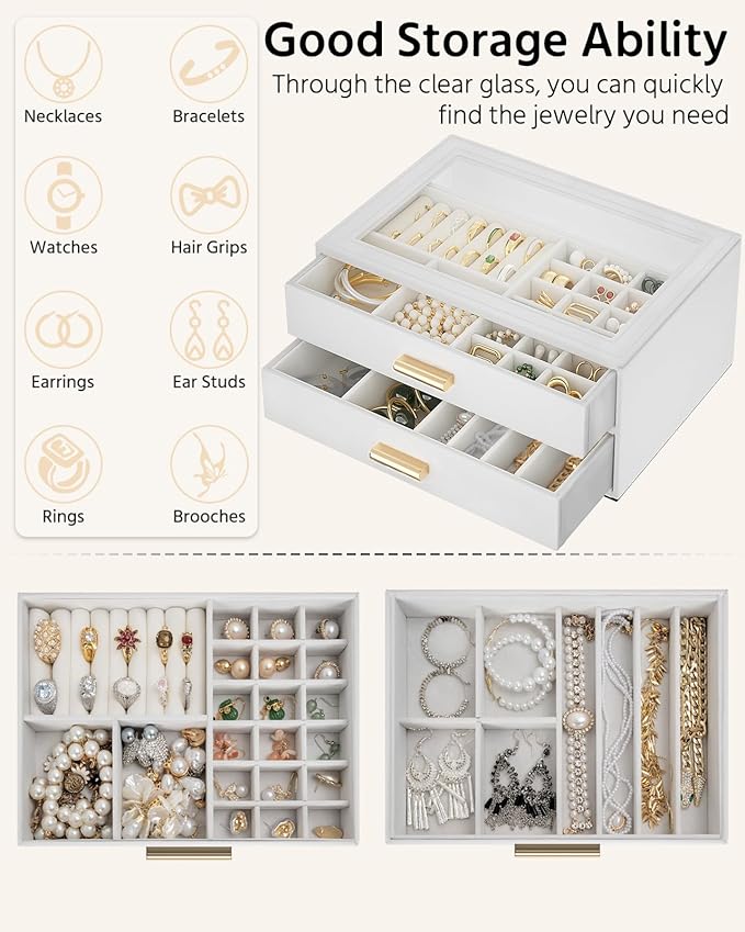 AKOZLIN Jewelry Box with Clear Lid Functional Leather Jewelry Storage Organizer Case 2 Drawers for Women Girls Necklace Ring 