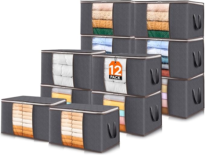 Lifewit 12 Pack 60L Clothes Storage Bins with Lids, Foldable Blanket Storage Bags with Zippers, Clear Window and Reinforced H