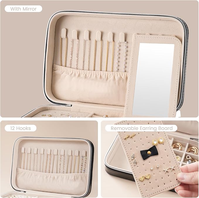 Lolalet Travel Jewelry Case for Women Girls, Travel Jewelry Organizer Box with Mirror & Clear Storage Bag, Small Portable Ear