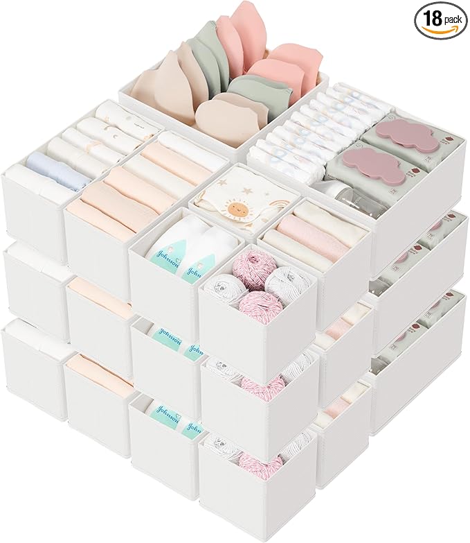 Criusia Drawer Organizers 18-Piece Set, Dresser Organizer for Baby Clothes, Foldable Closet Storage & Drawer Dividers for Und