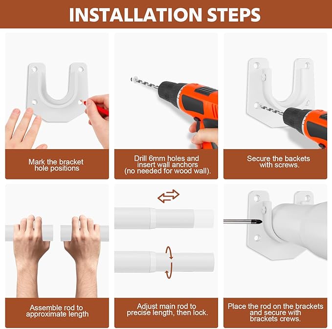 Closet Rods for Hanging Clothes, 17-70 Inch Stepless Adjustable Closet Rod, 1.3 Inch Heavy Duty Metal Clothes Hanging Rod, Ex