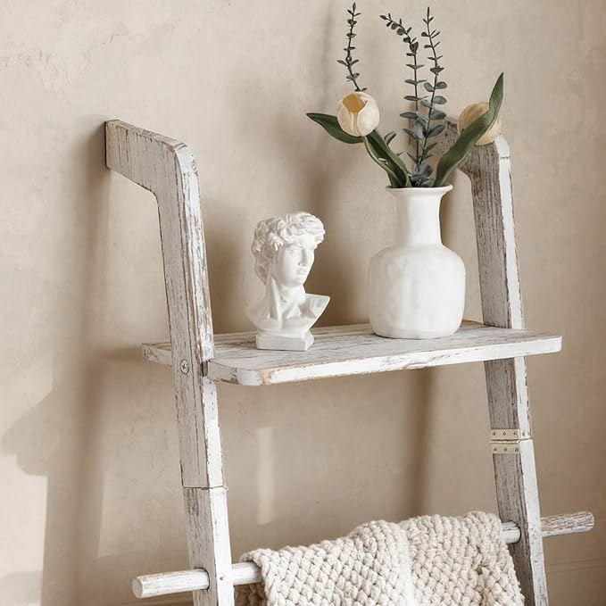 Wash White Wood Blanket Ladder with Top Shelf for the Living Room, 67in Decorative Blanket Holder, 5 Tier with Side Hooks for
