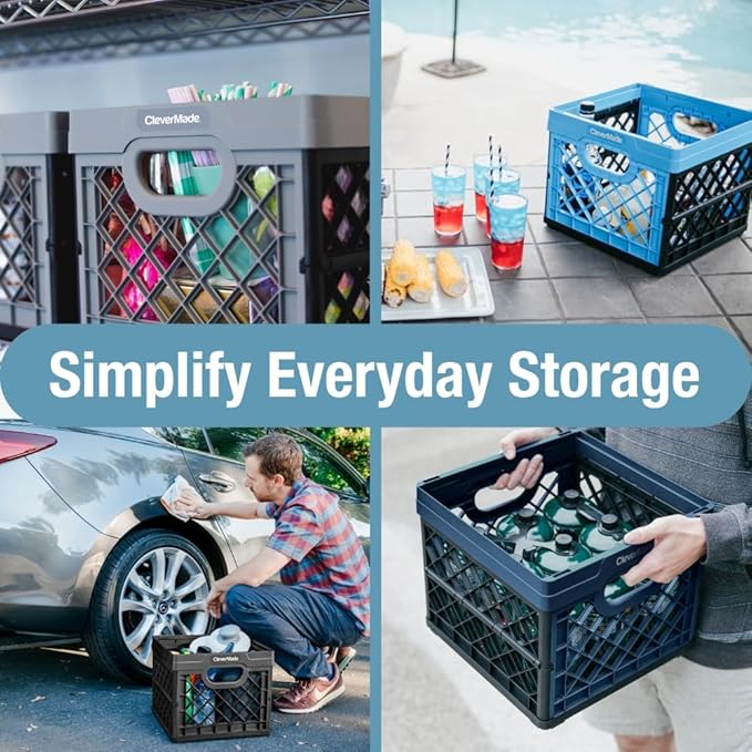 CleverMade Collapsible Milk Crate 25L (6.6 Gal), 50 lb Capacity Heavy Duty Folding Crate – Stackable Storage Crates with File