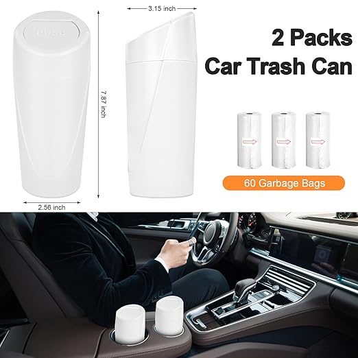 Car Trash Can, 2 Packs Mini Car Trash Bin with Lid, Leakproof Cup Holder Car Garbage Can with 60 Trash Bags, Vehicle Front Back Seat Organizers and Storage for Car, Home, Office, White