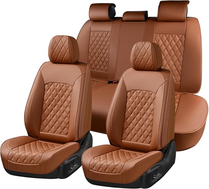 Huidasource Brown Seat Covers, Nappa Leather Car Seat Covers, Velcro Adjustable, Compatible with Airbags, Armrests, Child Sea