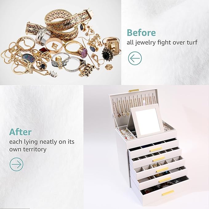 BOOVO Jewelry Boxes for Women, White and Black 6 Layer Large Jewelry Box for Necklace, Bracelet, Earrings, Rings Storage, Jew