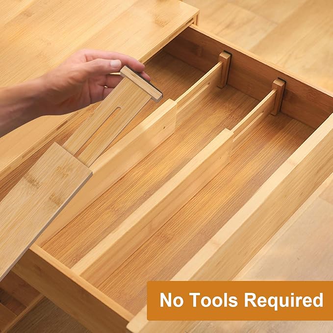 Bamboo Drawer Dividers Organizers, Kitchen Drawer Organizer, Adjustable Drawer Divider for Clothes, Kitchen, Dresser, Bedroom