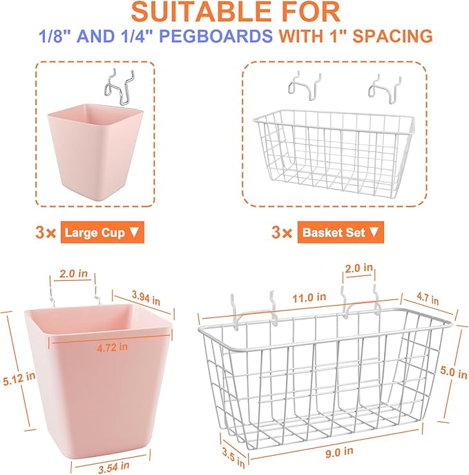 Pegboard Basket Organizers, Peg Board Large Baskets Hooks Bins Cups Tool Organizer 6 Pack Set, Wall Storage Display Hanging A