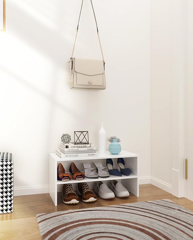 2-Tier Stackable White Shoe Rack, Wooden 2-Shelf Shoe Organizer Freestanding Shoe Storage Stand for 6-9 Pairs, Perfect for Cl