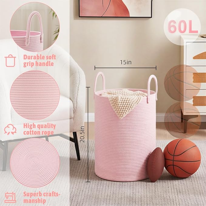 Artfeel Laundry Basket,Woven Cotton Rope Laundry Hamper,60L for Decorative Storage of Dirty Clothes,Toys and Blankets in Bath