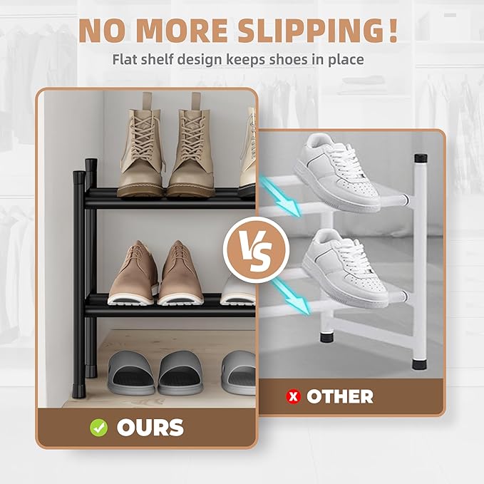 STORAGE MANIAC Long Expandable Shoe Rack, 12 Pairs Metal Wide Stackable Shoe Rack, Adjustable Shoes Shelf, Freestanding Shoes