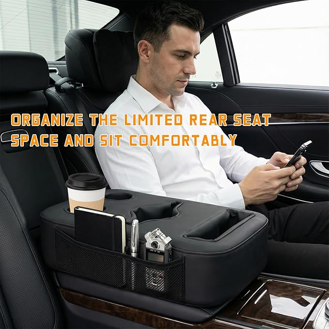 Car Cup Holder, Waterproof Leather Back Seat Drink Holder Expander Tray with Handle, Multifunctional Rear Seat Couch Cup Orga