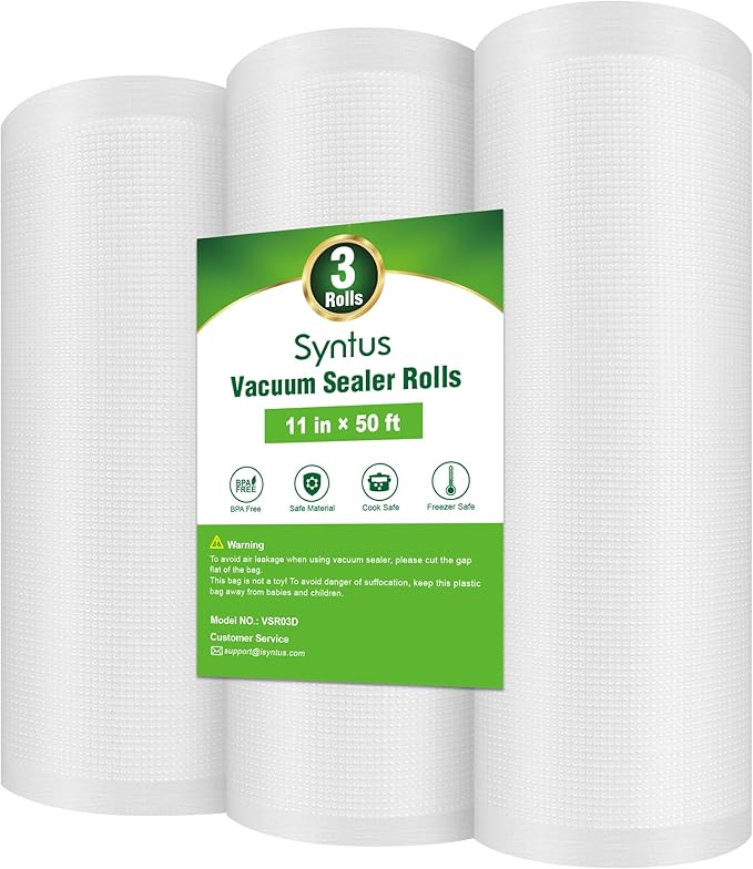 Syntus Vacuum Sealer Bags for Food, 3 Rolls 11" x 50' Commercial Grade Bag Rolls, BPA Free Food Vac Bags for Storage, Meal Pr