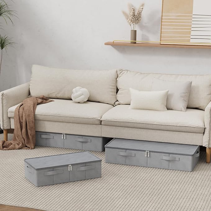 Underbed Storage Box, Foldable Under Bed Bins Container, Fabric Closet Organizer with Lid, for Clothes, Sheets, Blankets, 23.