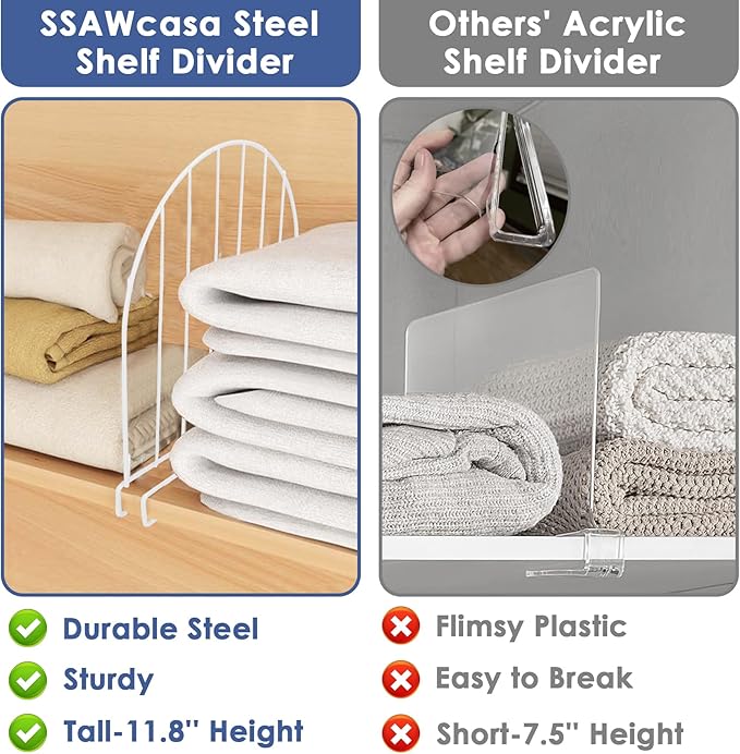 Closet Organizers and Storage, 8 Pack 12'' Extra Tall Shelf Dividers, Metal Closet Dividers Shelf Organizer for Wood Shelves,